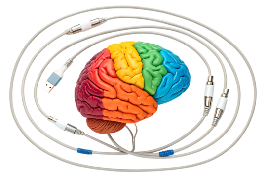Rainbow brain connected with cables isolated on transparent background