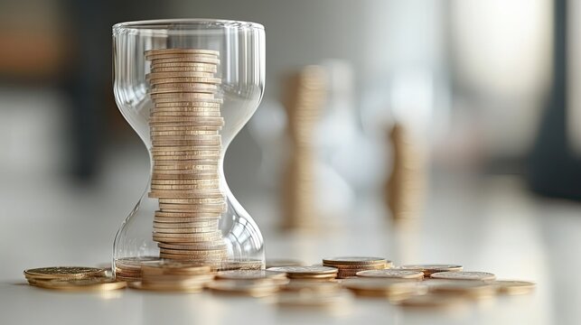 Golden coins flow inside an hourglass illustrating the precious value of time and money with bright