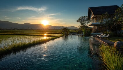 Fototapeta premium House by pool at sunset with rice fields