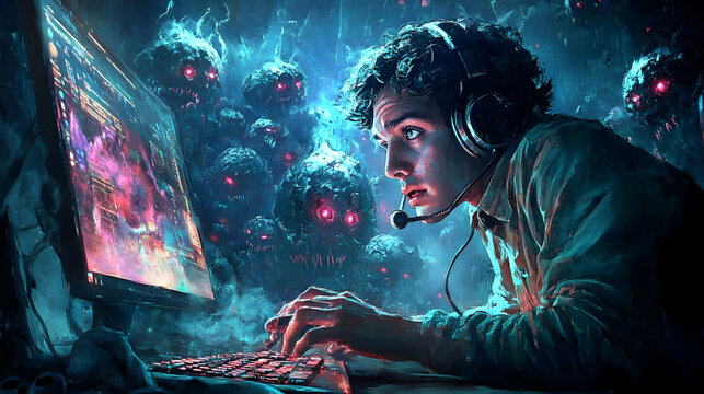 A young man engrossed in a video , surrounded by menacing creatures.