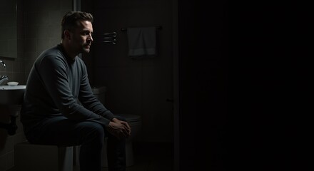 Man sitting alone in a dark bathroom with a contemplative expression  