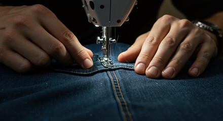 Obraz premium Tailor sewing denim fabric with sewing machine in workshop setting 