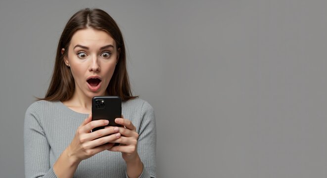 Surprised woman looking at smartphone with astonished expression  
