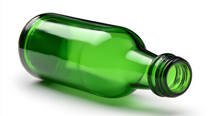 Empty green glass bottle lying on its side against a white background.  

