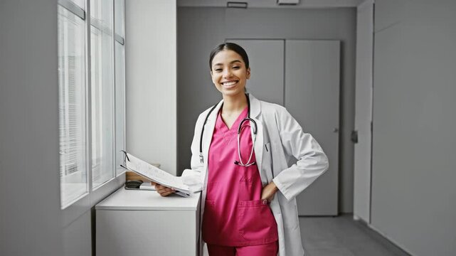 A portrait of a smiling woman doctor in a hospital corridor, looking friendly and competent