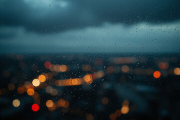 rain drops on a window with a city skyline in the background