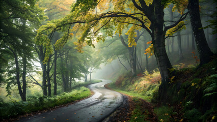 Fototapeta premium Winding road through a misty forest landscape in autumn with colorful foliage