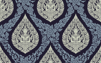 seamless traditional Thai art floral pattern in damask style motifs suitable for wallpaper, cloth, curtain, textile, tile and fabric design isolated illustration vector archive EPS file.