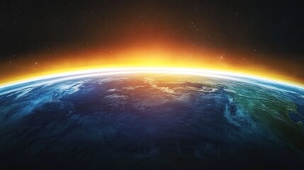 Obraz premium Earth s radiant curve a hopeful sunrise over the blue planet promising a bright future in space Dark