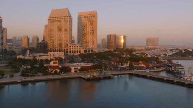 San Diego Harbor and Downtown Cityscape Aerials at Sunset