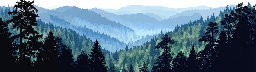 Misty mountain range with dense forests