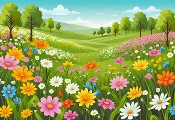 Illustration of a flower meadow in spring.
