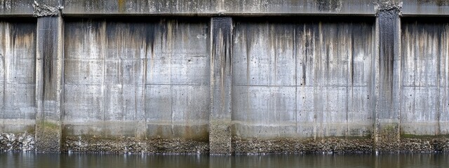 Gray concrete retaining wall along a waterway.  Waterline visible at the base