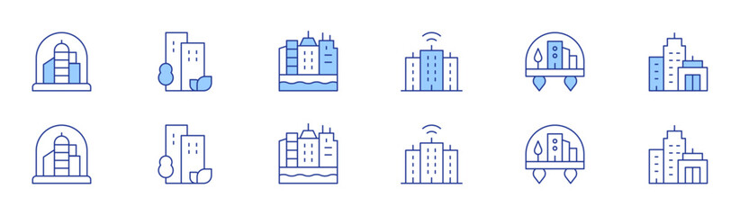 City icon set in two styles, Duotone and Thin Line style. Editable stroke. city, smart city