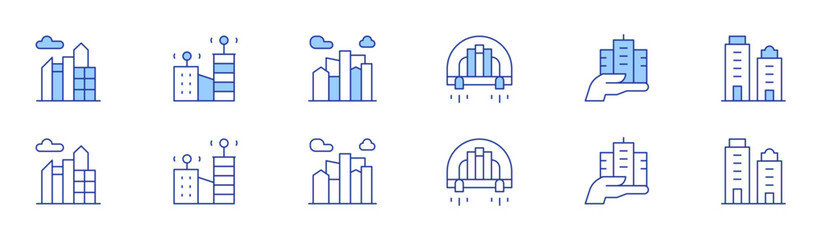 Obraz premium City icon set in two styles, Duotone and Thin Line style. Editable stroke. skyline, city, smart city, skyscraper