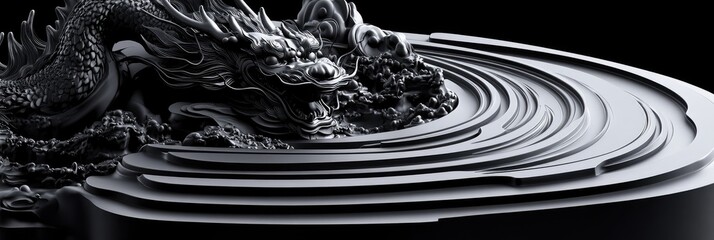 Dark dragon sculpture on tiered circular base