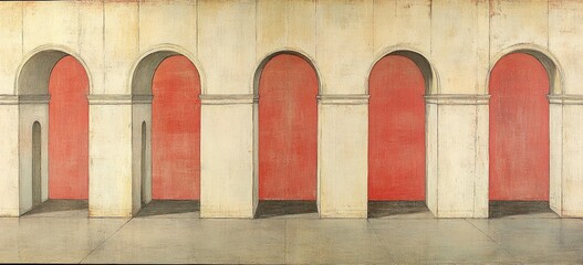 Row of arched doorways, pale cream walls, deep red doors