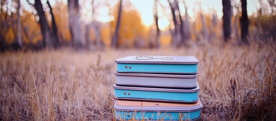 Stacked teal and gray containers in a field