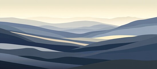 Misty mountain range, layered in shades of blue and light beige, creating a serene landscape of rolling hills