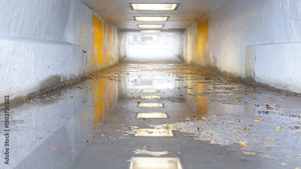 Aufkleber Underpass Reflection: An underpass with lights reflecting on the wet surface of ground. The image captures the starkness of the passage, light and the reflections create a compelling view.