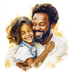 Happy Father and Daughter Watercolor Portrait on White Hand Drawn Illustration