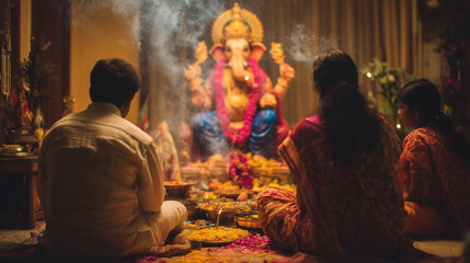 Devotees performing Ganesha puja at home with flowers and incense, sitting in prayer in front of colorful Ganesha idol, Ai generated images
