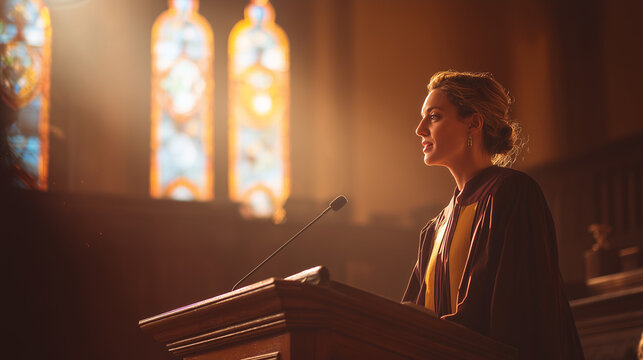 Female pastor speaking at traditional church pulpit, A female pastor in robe speaking confidently at a wooden pulpit in a traditional church, Ai generated images