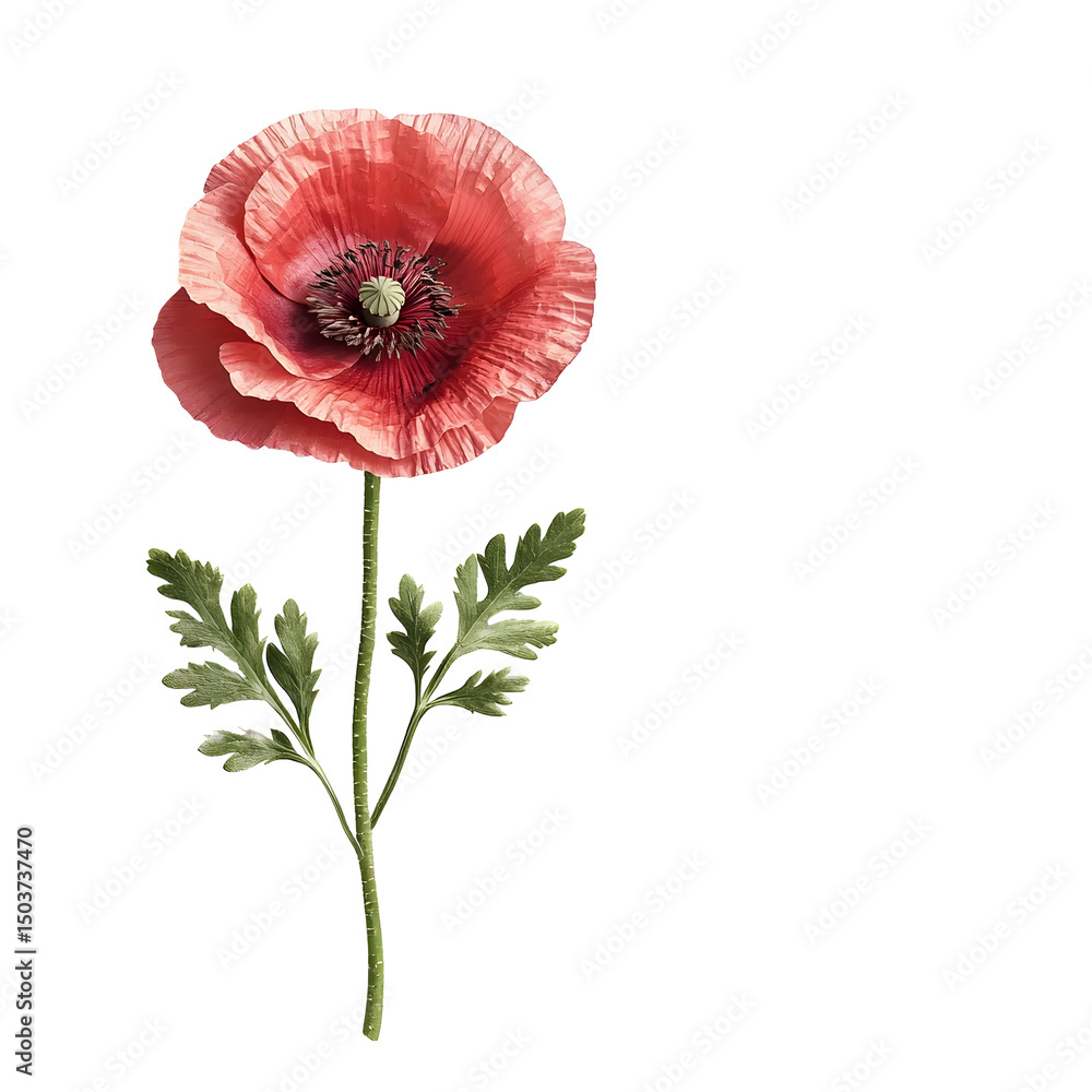 Poster a photograph showcasing a vibrant red poppy flower in full bloom isolated against a simple and unclu
