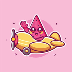 smiling watermelon slice fruit mascot flying an airplane isolated cartoon
