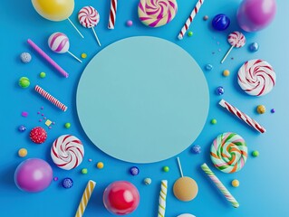 Bright and cheerful blue party background with balloons, streamers, and candy decorating the border, featuring an empty central circle for text and extra space for design on the side.