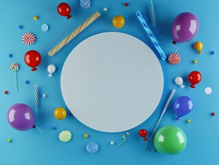 Bright and cheerful blue party background with balloons, streamers, and candy decorating the border, featuring an empty central circle for text and extra space for design on the side.