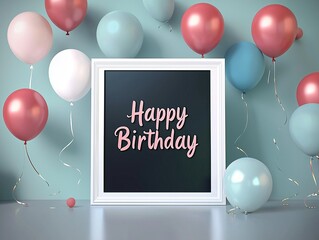 Vector birthday card with photo frame and "Happy Birthday" text, featuring pink and blue balloons in the background, perfect for cheerful celebrations and personalized greetings.