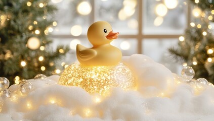 Yellow duck atop a glittery snow globe, Christmas lights