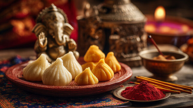 Close-up of modak, coconut and incense sticks offered in front of Ganesha idol, holy plate with vermilion and turmeric, Ai generated images
