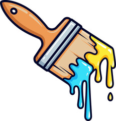 Brush and splashes of blue and yellow paint