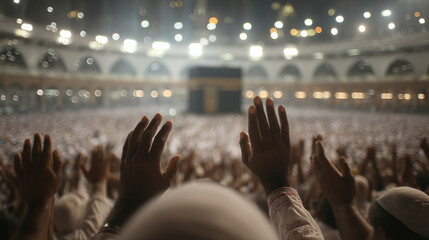 Pilgrims raising hands in prayer facing Kaaba, Close-up of Muslim pilgrims raising hands in supplication while facing the Kaaba, Ai generated images