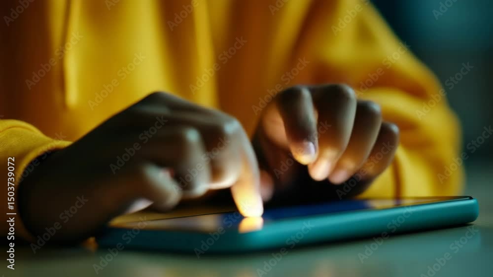 Poster a close-up of a person in a yellow sweater using their fingers to interact with a touchscreen tablet