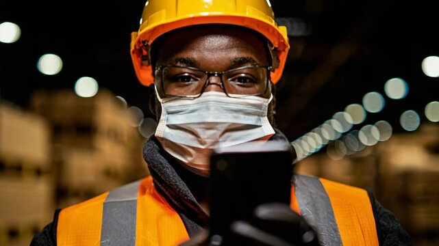A warehouse worker wearing safety gear and a face mask looks at a smartphone while standing among stacked boxes.