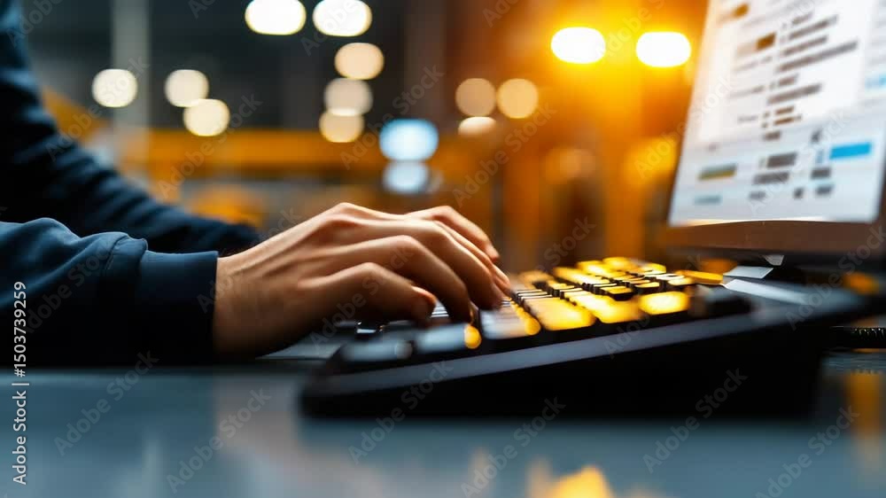 Poster a person is typing on a computer keyboard in an office with warm lighting and a blurred background.