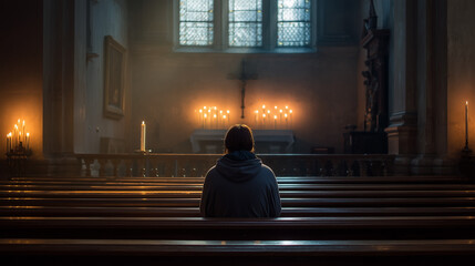 Private prayer in a quiet church pew, A person in quiet prayer, sitting on a pew in an empty church, candles lit on the altar, Ai generated images