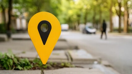A yellow location pin marker is placed near a street curb with a yellow delivery van in the background.