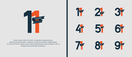 set of anniversary logo flat black and orange color with ribbon for celebration moment