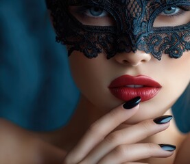 A close-up of the woman's hand with red nails, and her mouth covered by an elegant black lace mask