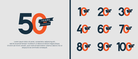 set of anniversary logo flat black and orange color with ribbon for celebration moment