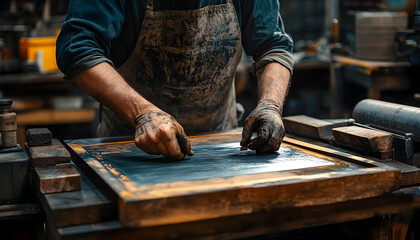 Artisan in workshop, applying ink to printing plate