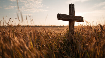 Wooden cross in a wheat field at sunset, A weathered wooden cross standing in the middle of a golden wheat field at sunset, Ai generated images