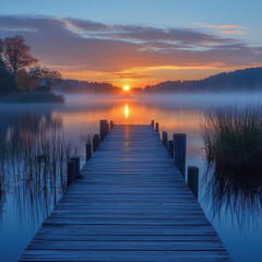 Fototapeta premium Sunrise at lake dock.