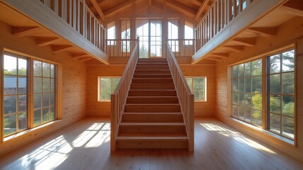 Obraz premium Bright and spacious interior of a modern wooden staircase in a sunny environment