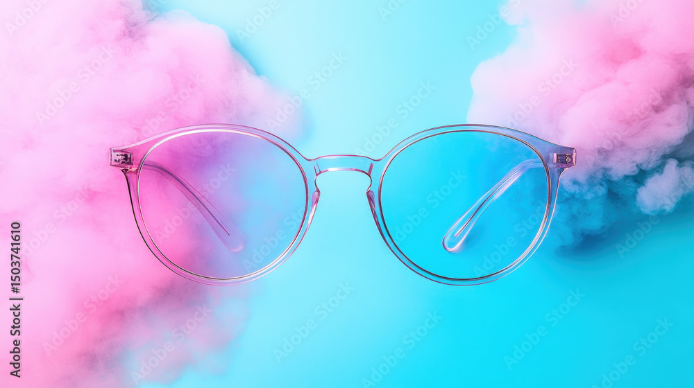 Poster glaucoma diagnosis, glasses with fogged edges simulating glaucoma effect in high-resolution image.