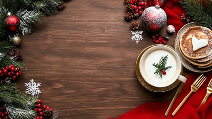 holiday decorations santa christmas A festive holiday table setting featuring a cozy cup of coffee, treats, and decorative elements perfect for Christmas celebrations.